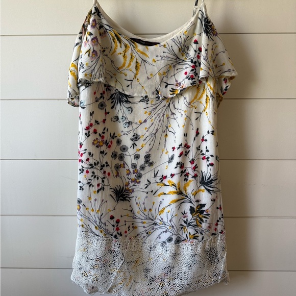 Boho Floral Off Shoulder Mini Dress Lace Hem | Anthropologie Style Size Small - Picture 4 of 10